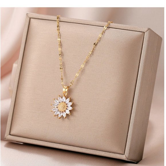 Jewelry - Sunflower Burst Cubic Zirconia Gold Toned Stainless Steel Necklace